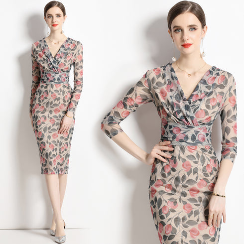 Vintage Designer Women's Elegant Pencil Dress, V-Neck Wedding Guest Vestidos